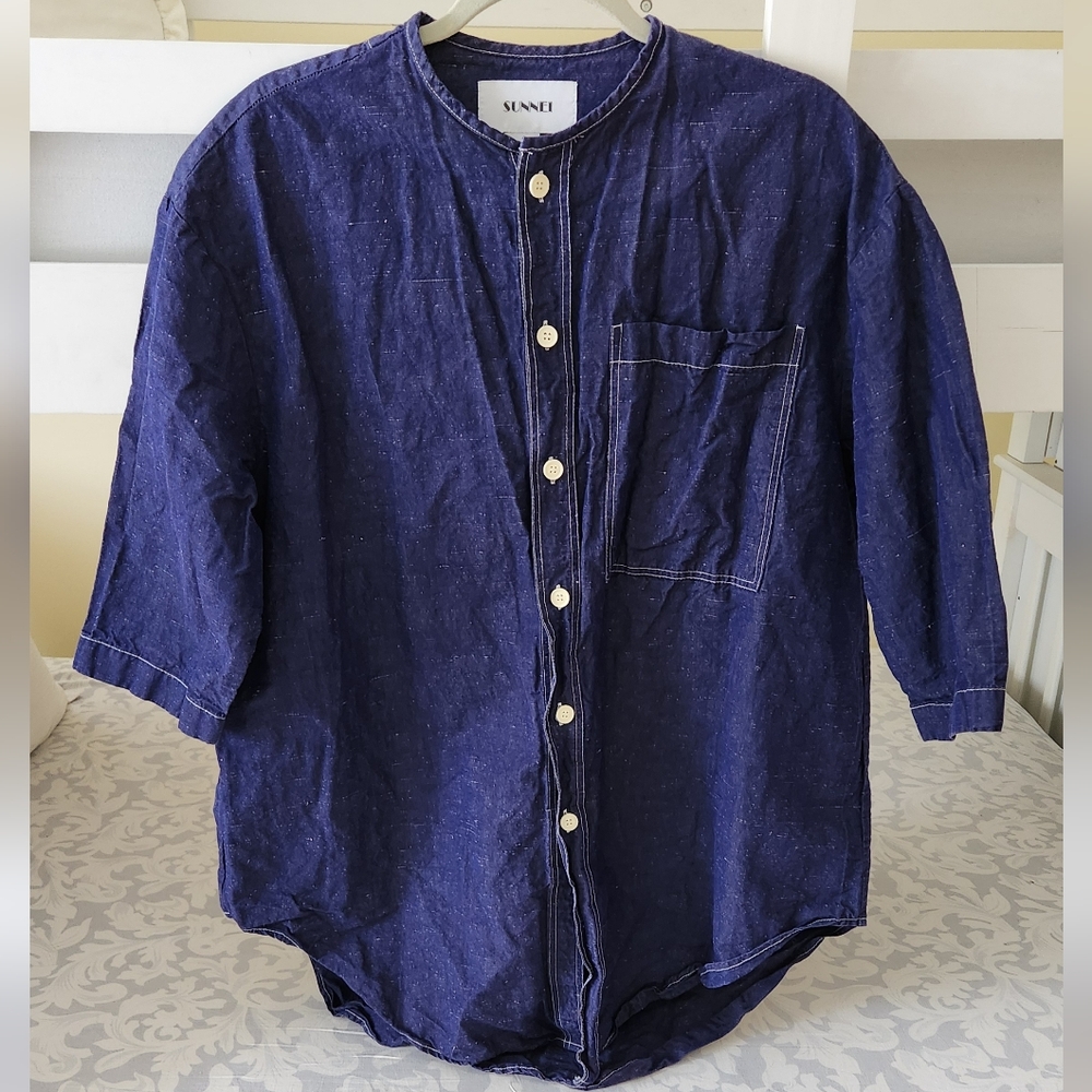 Sunnei Su Long Pocket Shirt Chambray Drk Blue Contrast Stitch Oversize XS Unisex